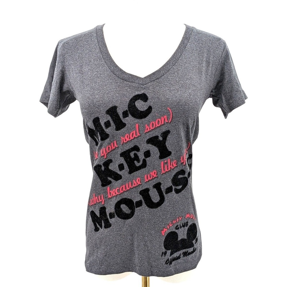 Disney Mickey Mouse Graphic Tee Velvet Print V Neck Gray T Shirt XS‎